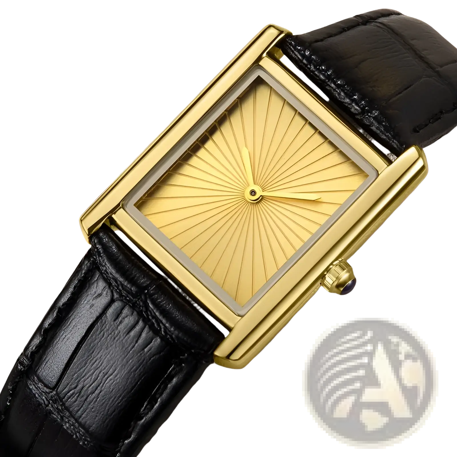 Gold-toned rectangular couple watch with sunburst dial and black alligator leather strap quartz waterproof wristwatch