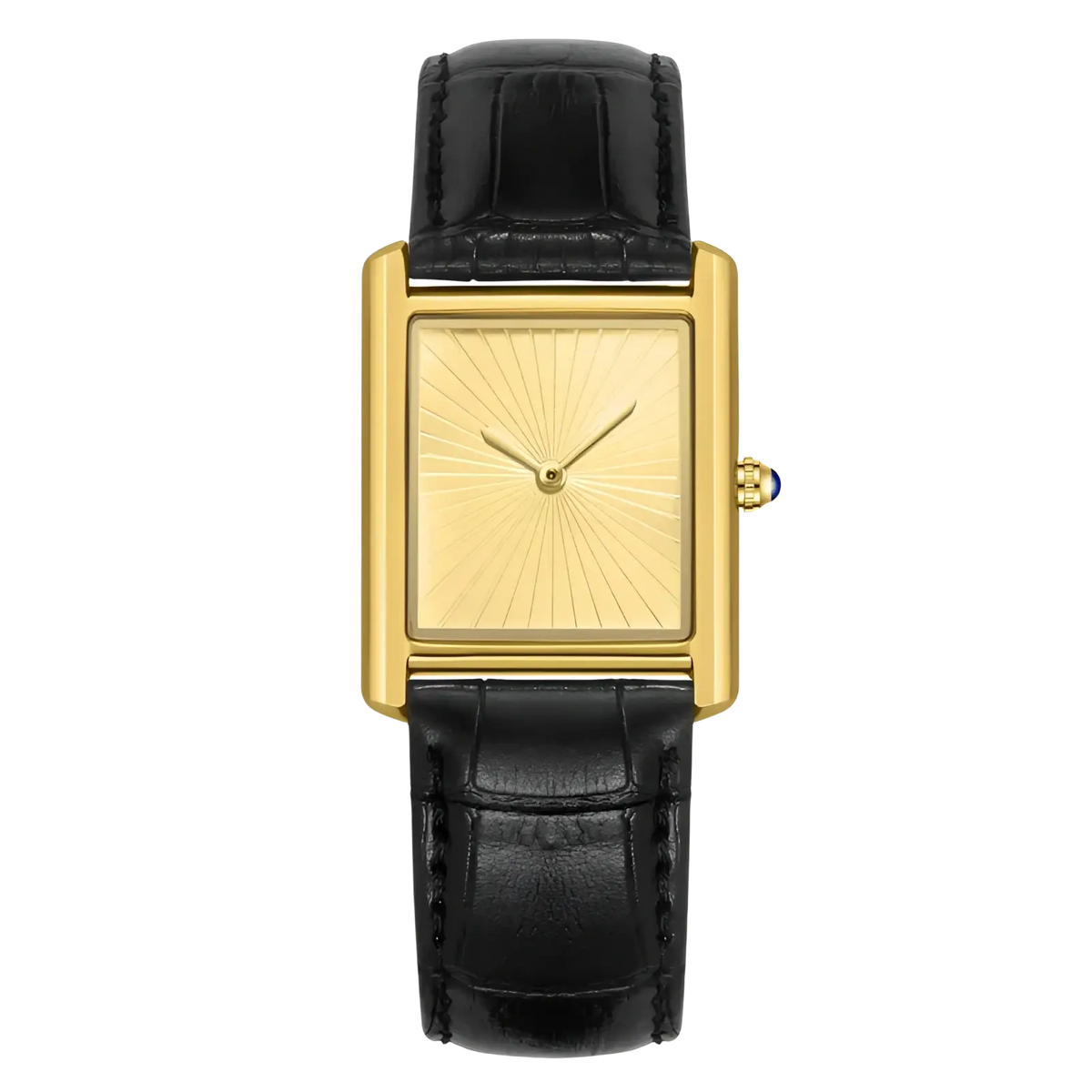 Couple watch leather strap quartz waterproof wristwatch with gold-toned rectangular case sunburst dial and black alligator strap