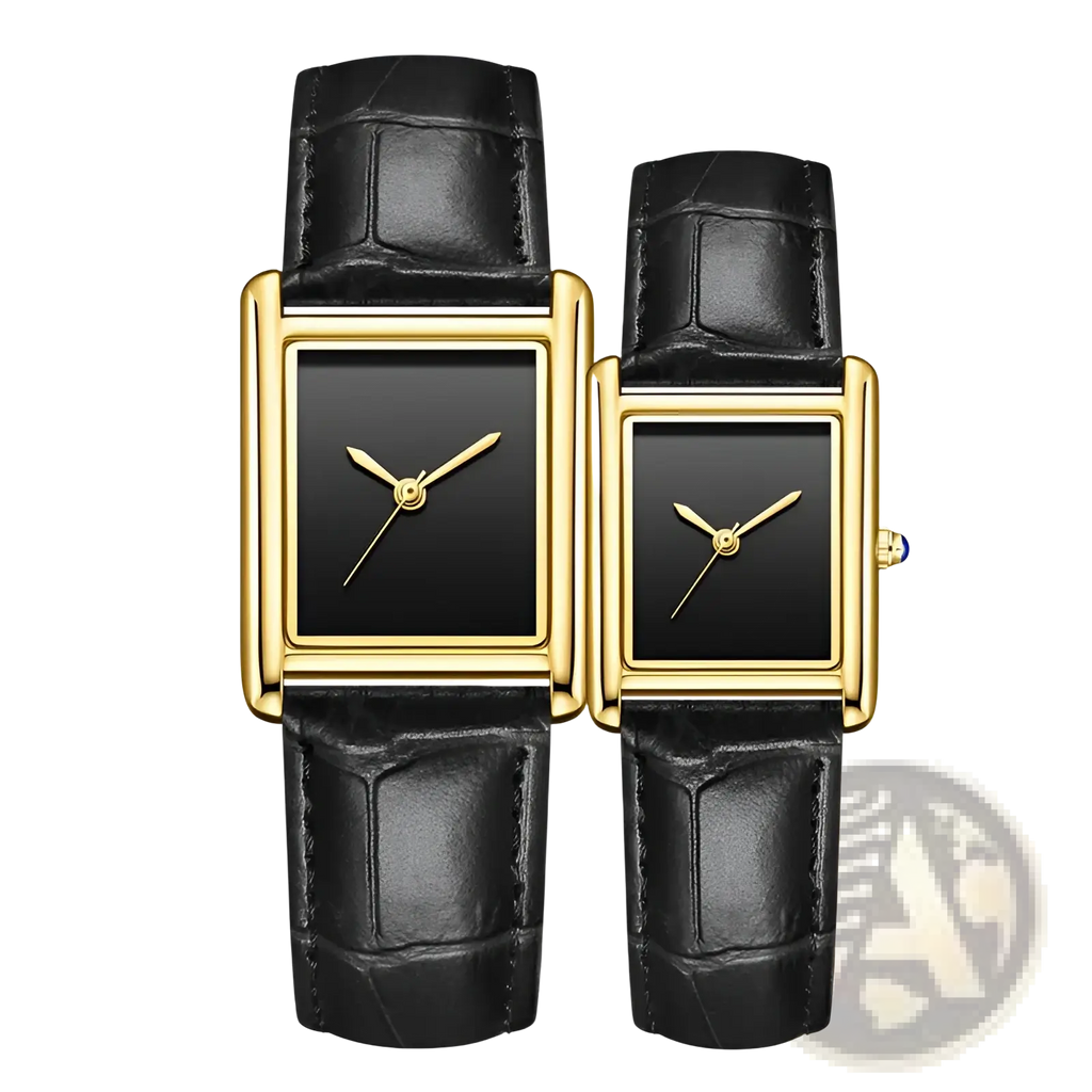 A pair of elegant rectangular gold-tone couple watches with black leather straps and minimalist black dials
