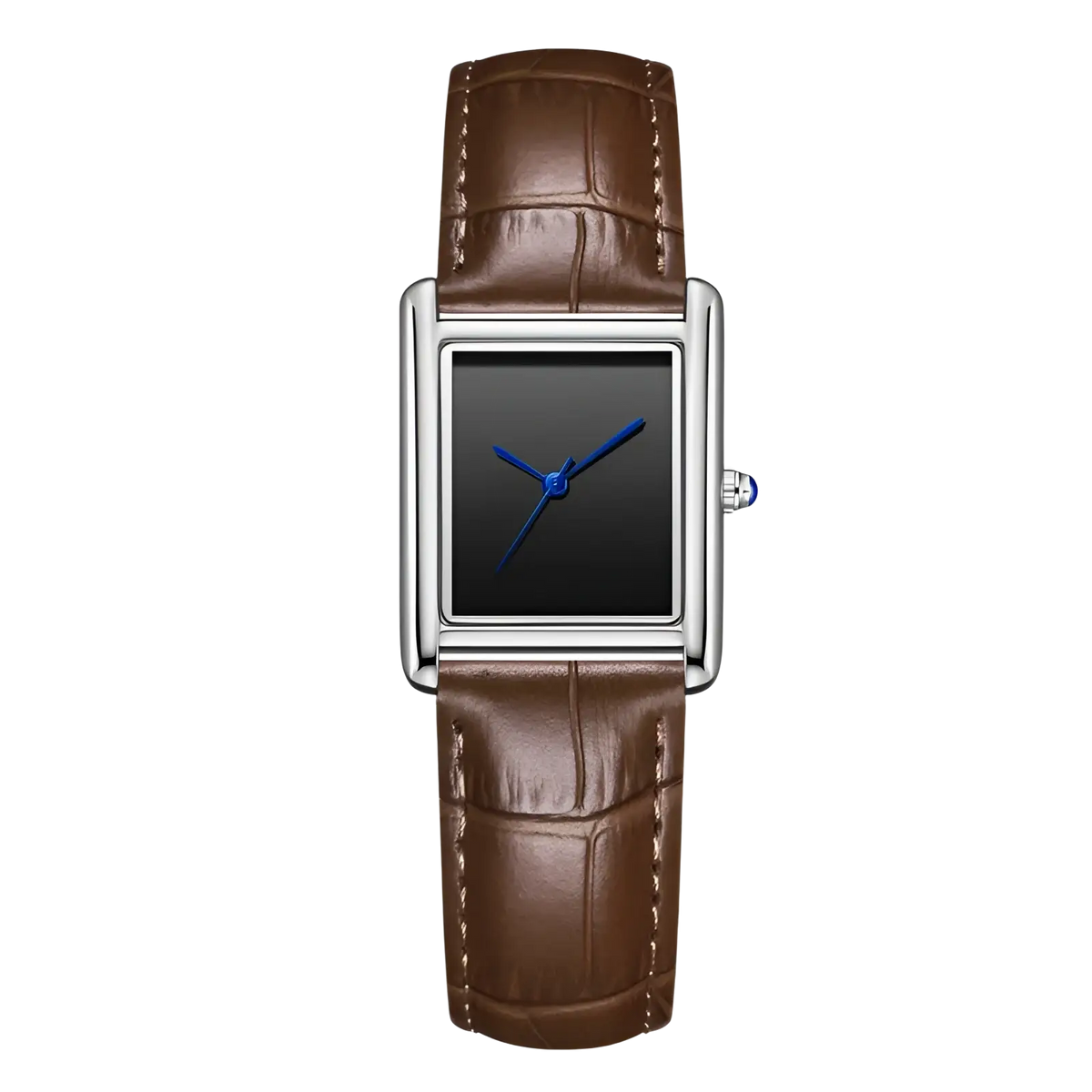 A rectangular silver-toned couple watch with black face blue hands and brown crocodile leather strap quartz waterproof wristwatch