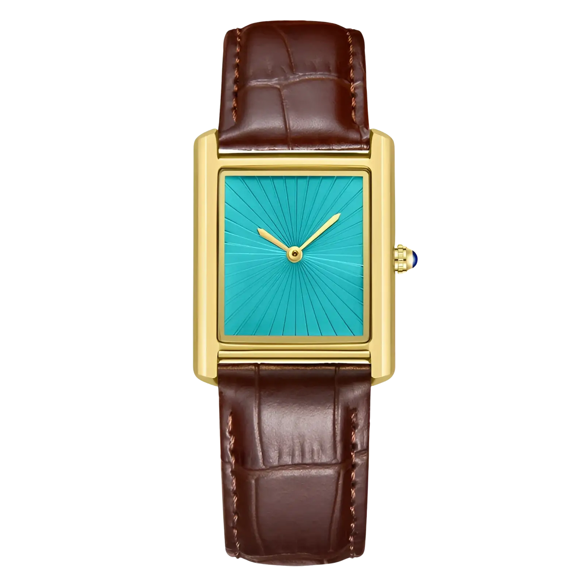 A couple watch leather strap quartz wristwatch with a gold-tone rectangular case turquoise sunburst dial and brown crocodile strap