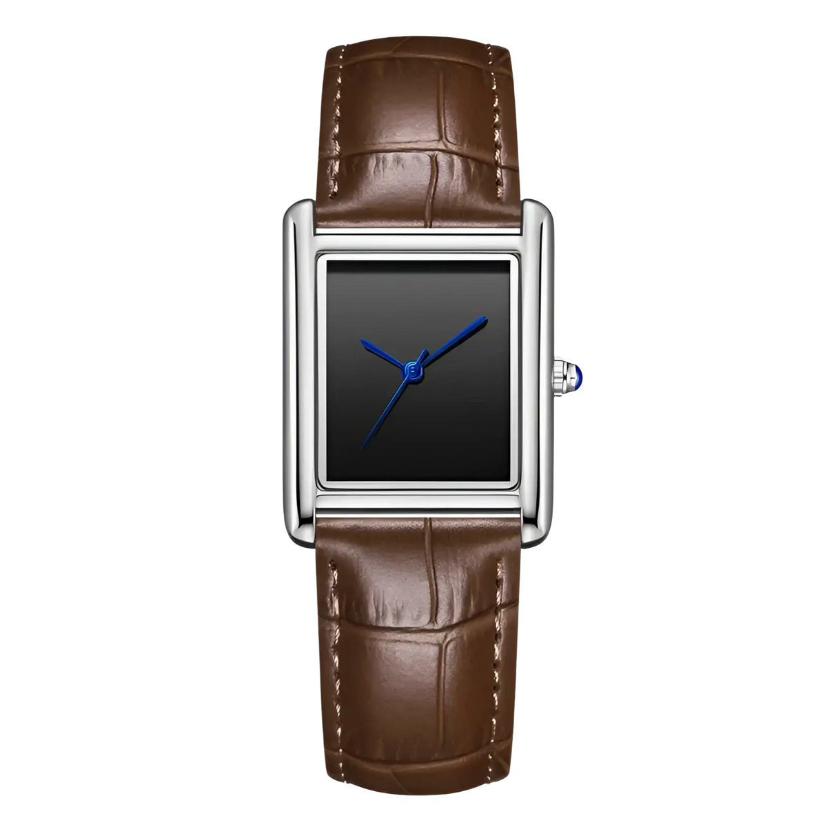 A couple watch leather strap quartz waterproof wristwatch with a silver rectangular case dark face and brown crocodile leather straps