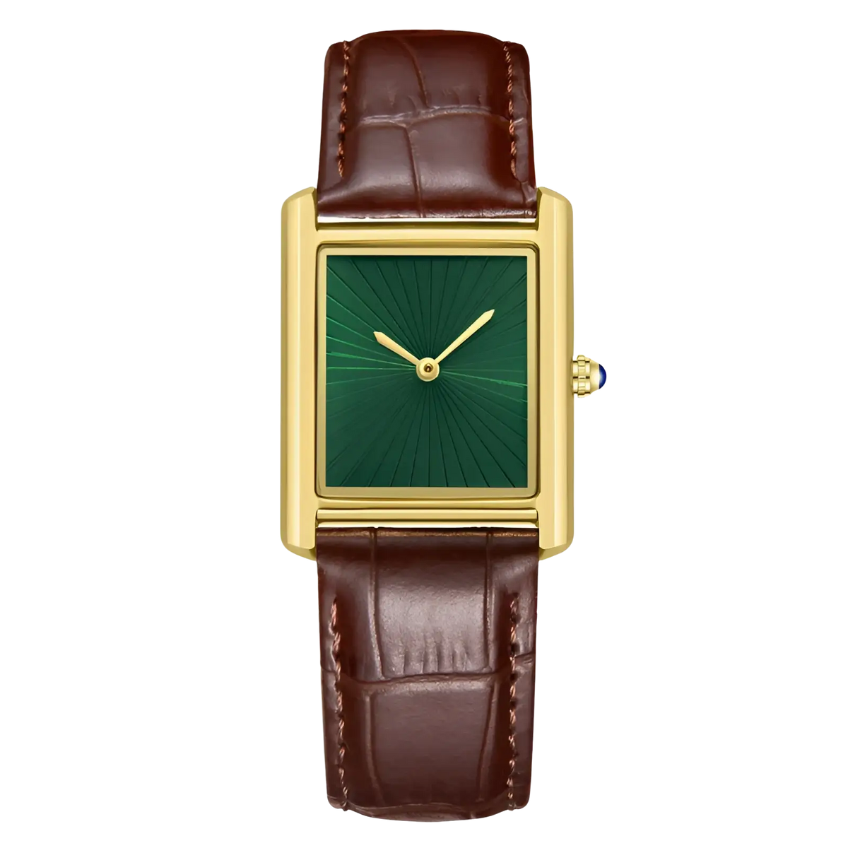 A rectangular gold-tone couple watch with a deep green sunburst dial and brown crocodile-patterned leather strap