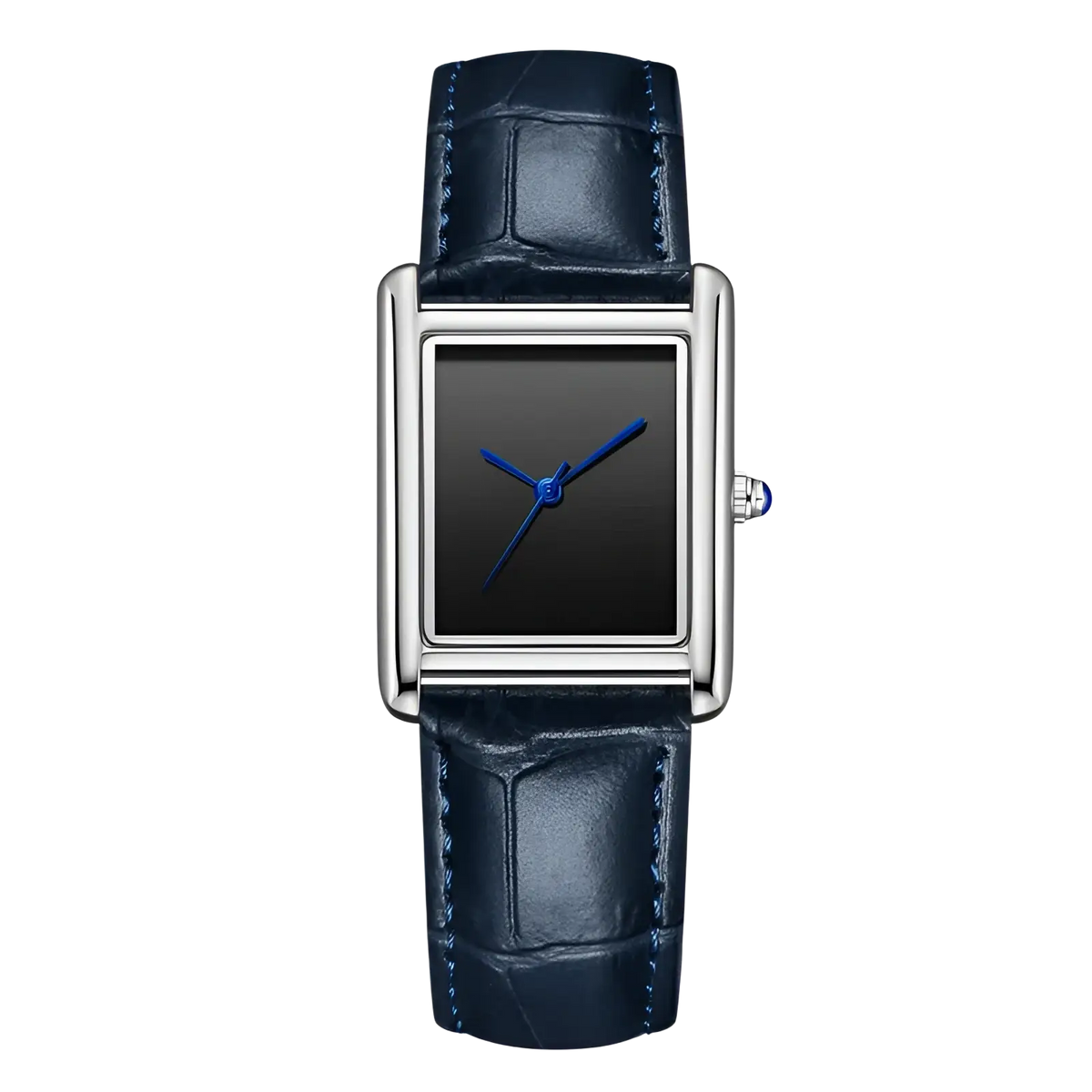 A couple watch with a sleek navy blue crocodile leather strap and silver rectangular case with bold blue hands