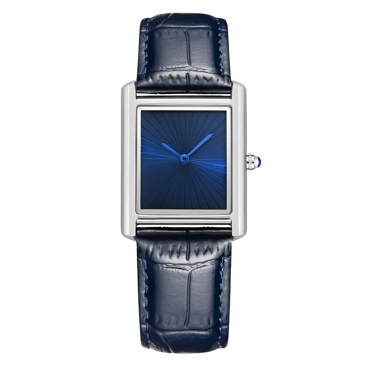 A sleek silver rectangular couple watch with a navy blue sunburst dial and matching alligator leather strap