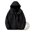 Black hooded couples 3-in-1 waterproof shell jacket with sleek water-resistant fabric and subtle zipper detailing