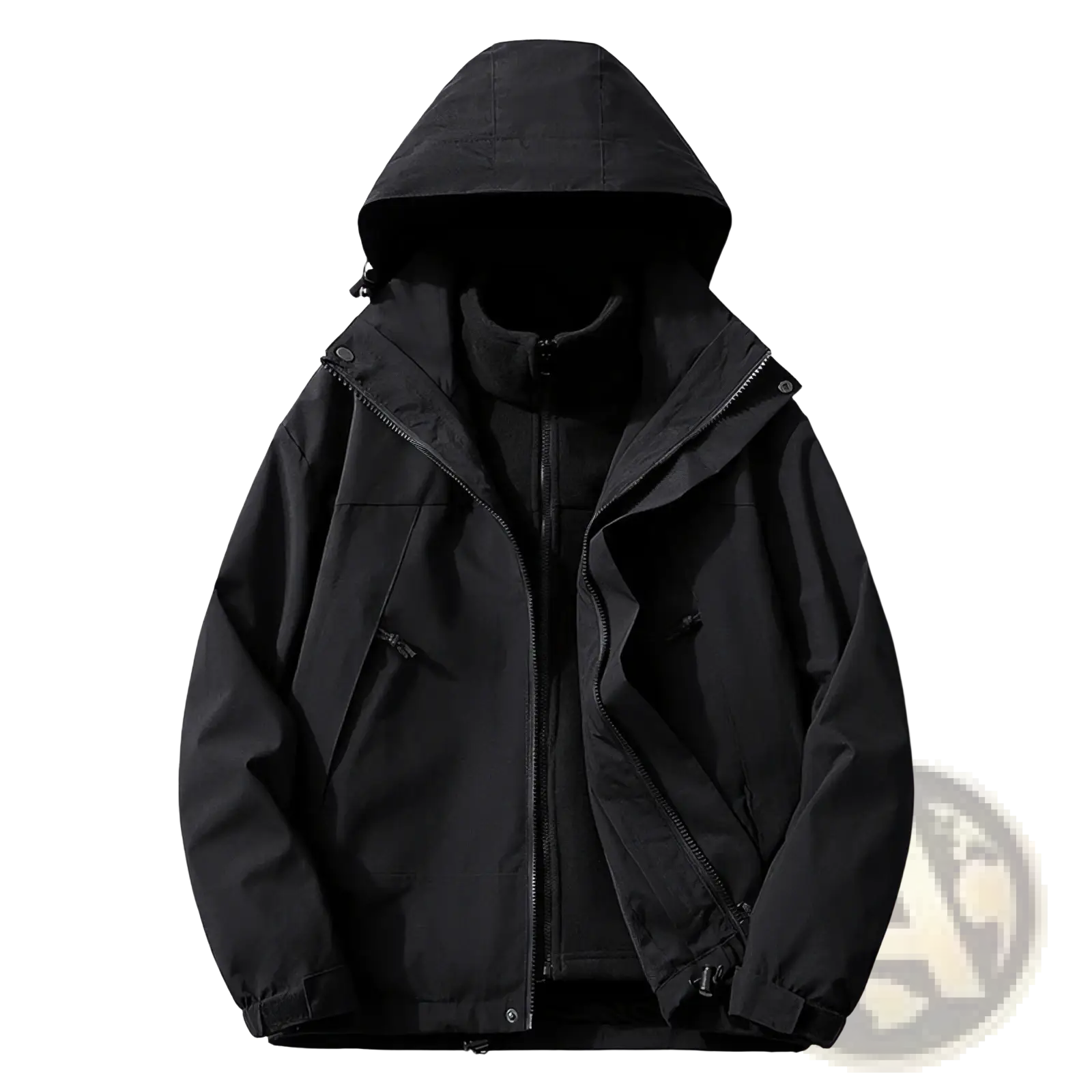 Black hooded couples 3-in-1 waterproof shell jacket with sleek water-resistant fabric and subtle zipper detailing