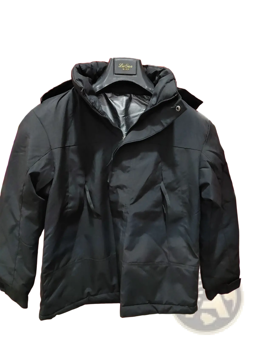Black insulated hooded jacket with quilted design and reflective lining hanging on black hanger in couples 3-in-1 shell jacket