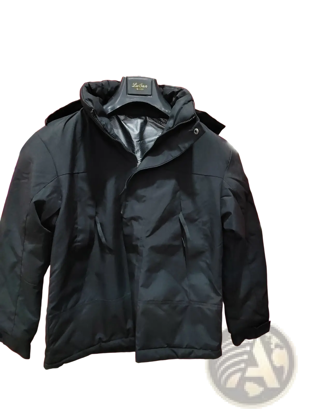 Black puffer jacket with hood and front zipper hanging on black hanger from couples 3-in-1 waterproof shell jacket collection