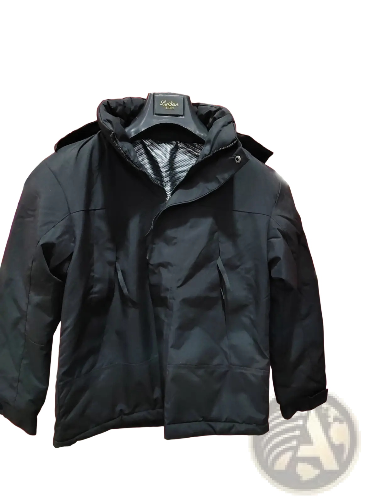 Black puffer jacket with hood and front zipper hanging on black hanger from couples 3-in-1 waterproof shell jacket collection