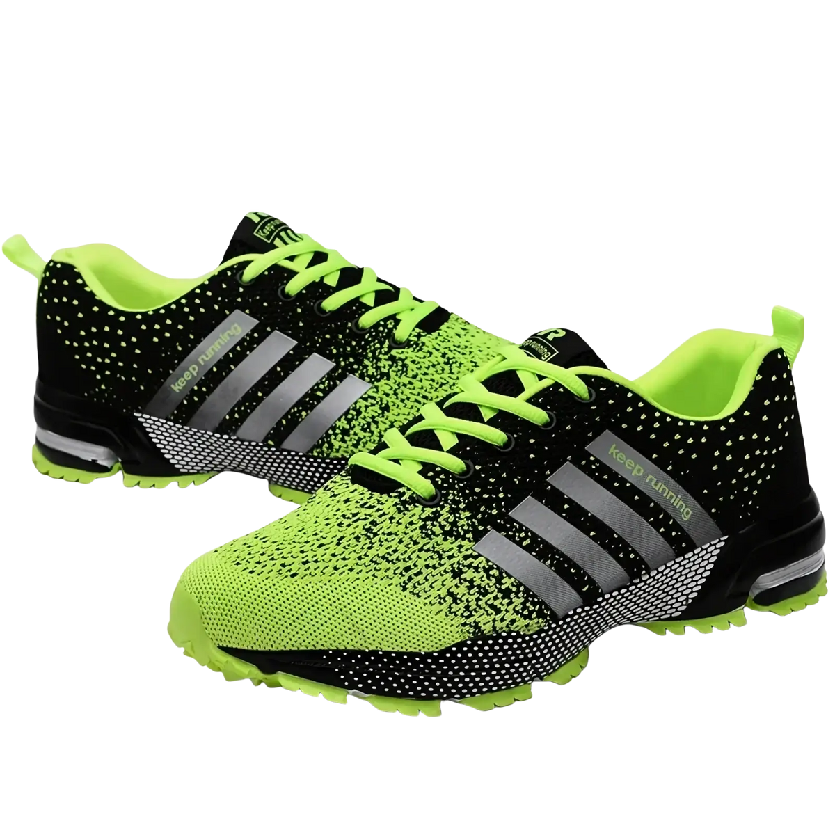 Covadis men breathable mesh running shoes in black and neon green with silver stripes and lime laces