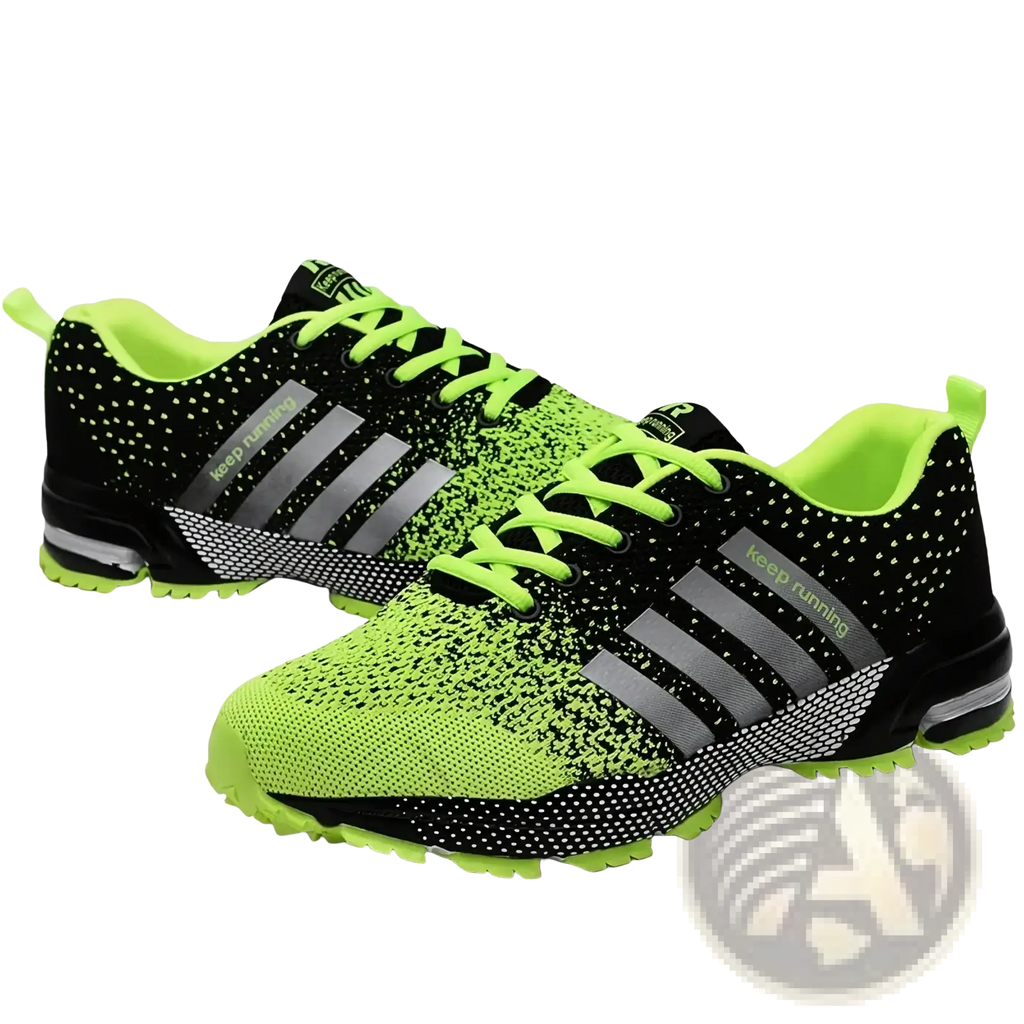 Covadis men breathable mesh running shoes in black and neon green with silver stripes and lime laces