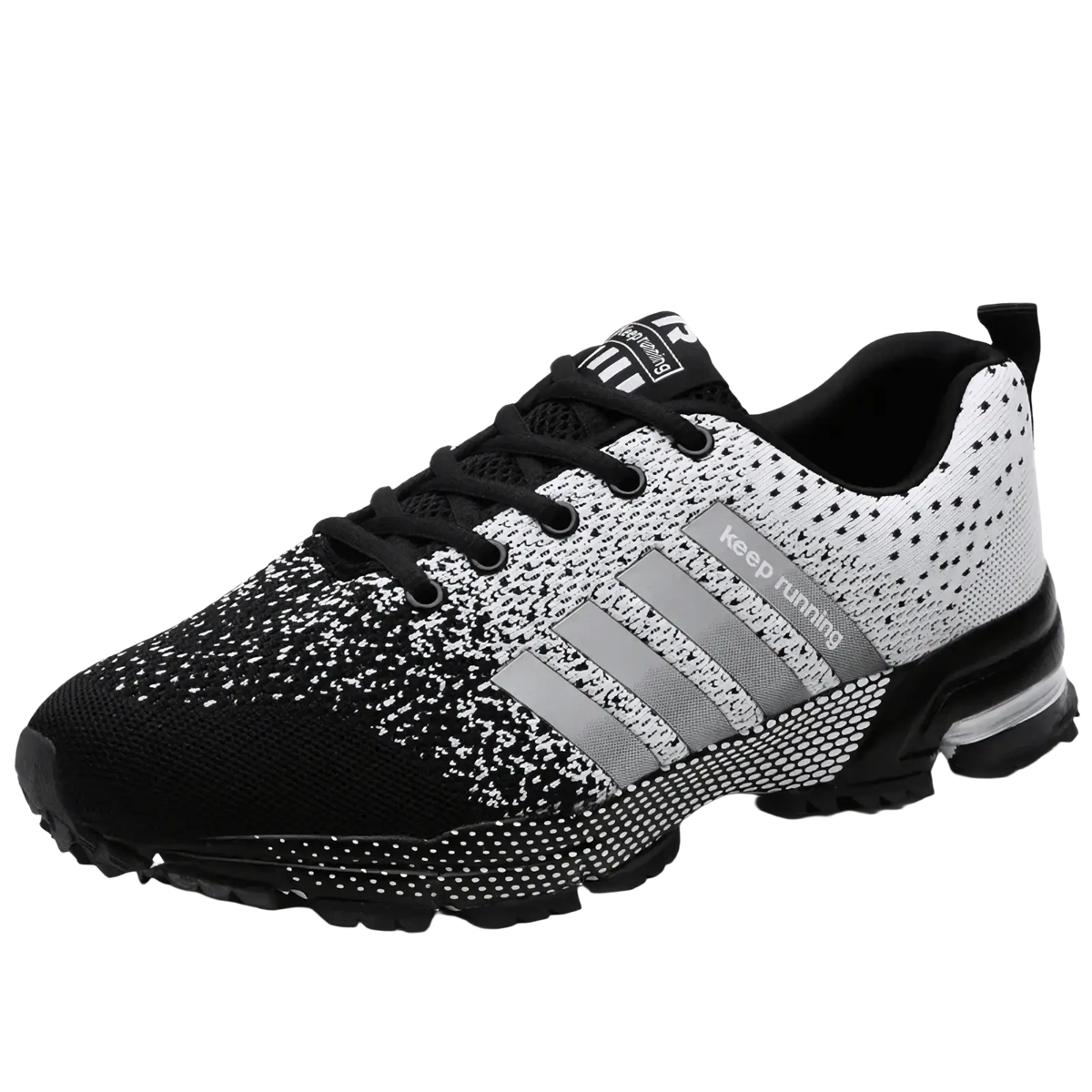 Covadis men breathable mesh running shoe in black and white speckled knit with gray stripes and keep running text