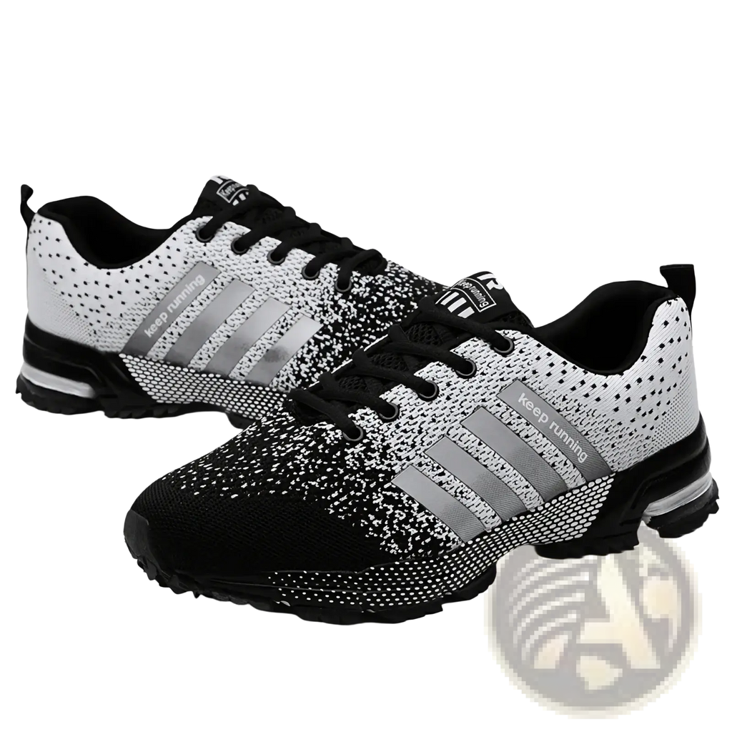 Covadis men breathable mesh running shoes in black and white speckled design with silver stripes and black rubber sole