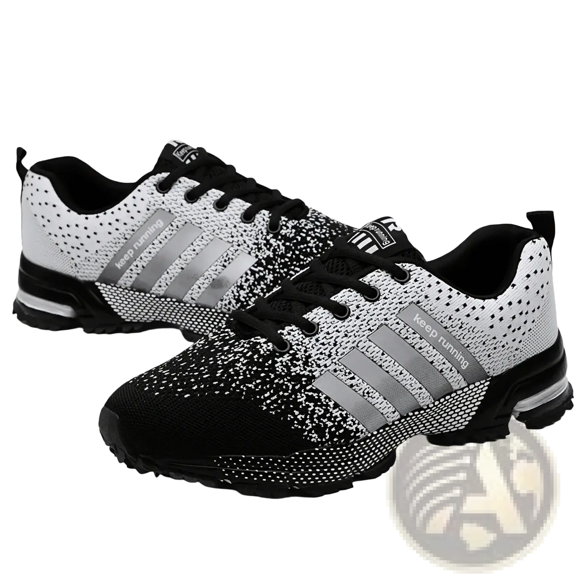 Covadis men breathable mesh running shoes in black and white speckled design with silver stripes and black rubber sole