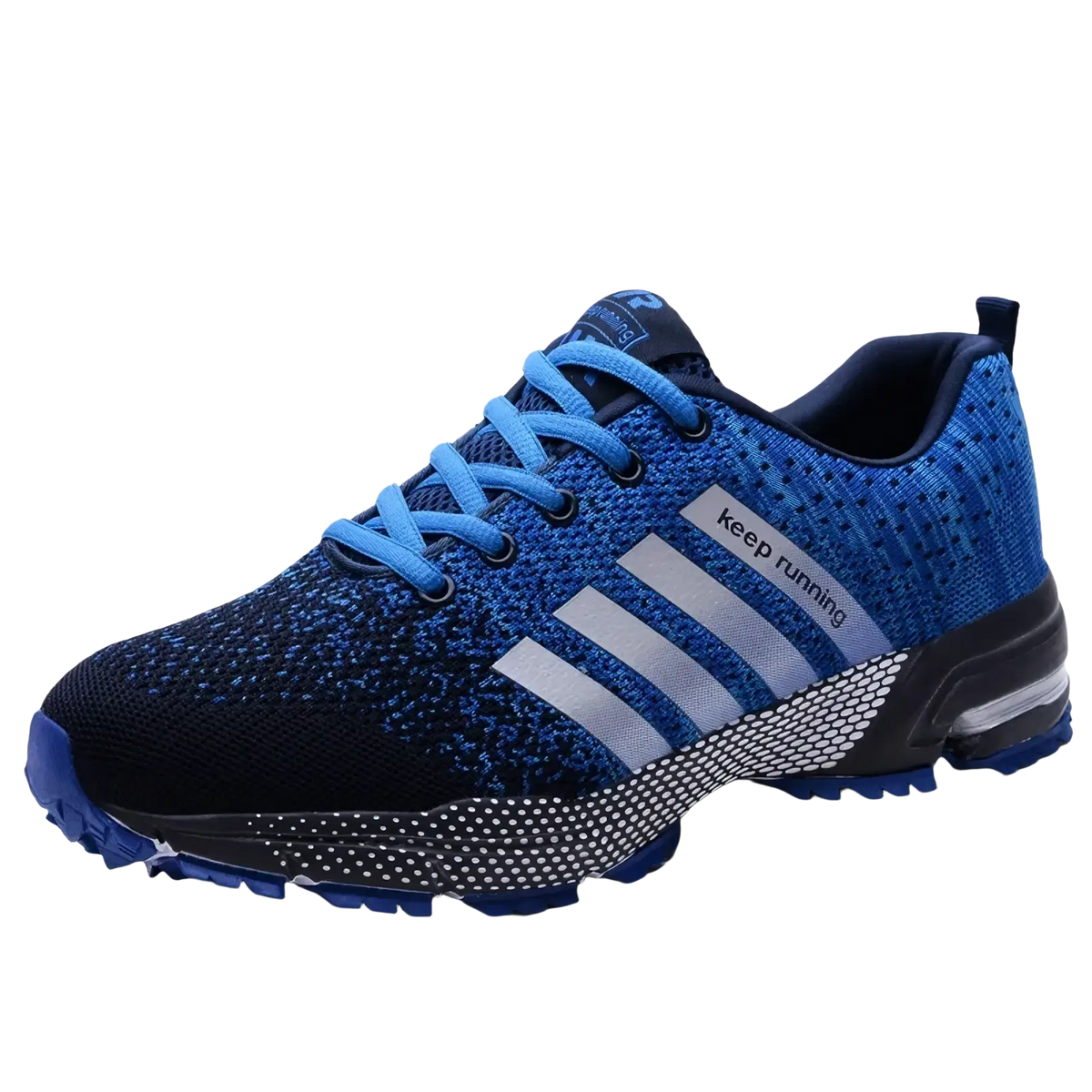 Covadis men breathable mesh running shoe in blue knit with silver stripes and matching laces for athletic use