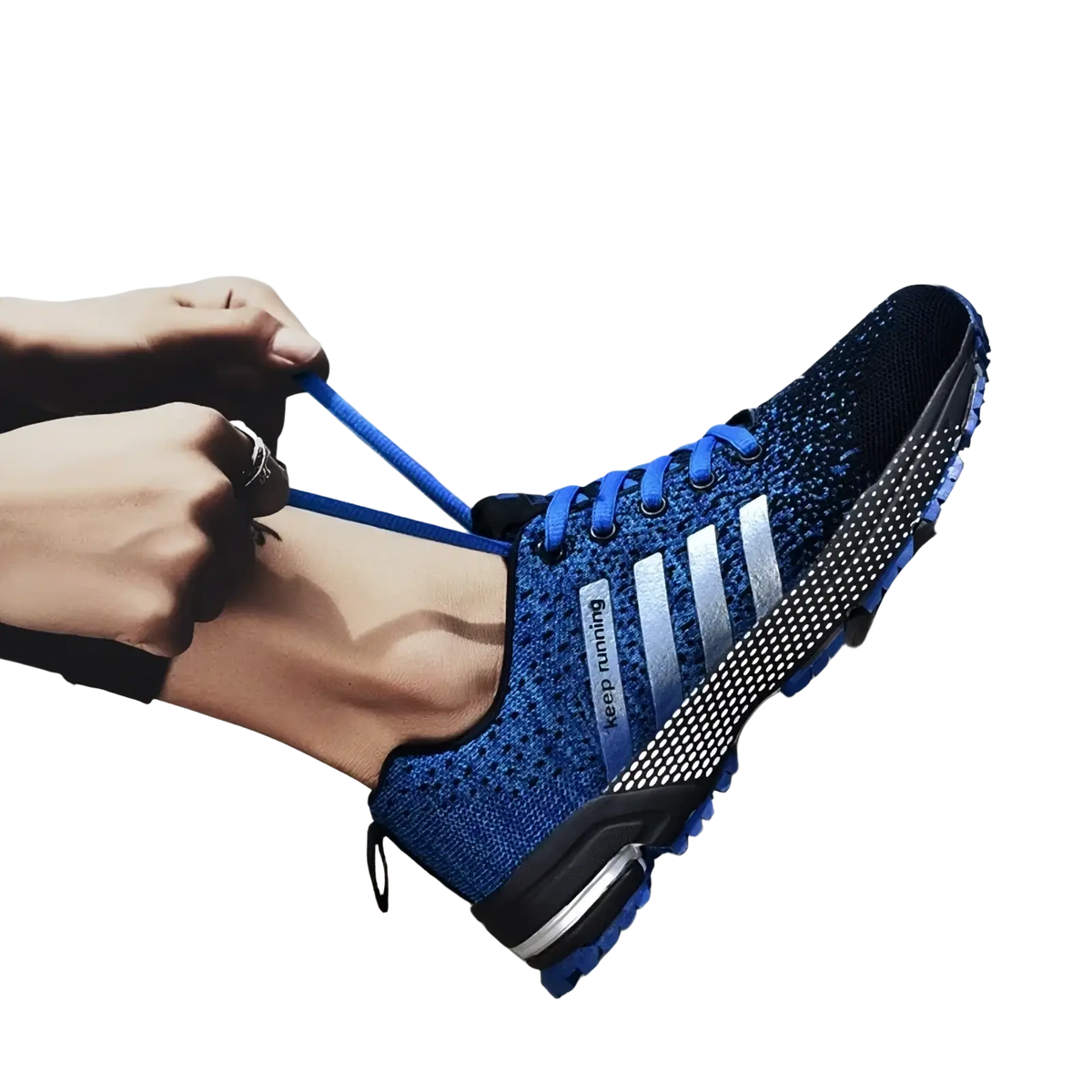 Blue Covadis men breathable mesh running shoe with silver stripes and matching laces for athletic use