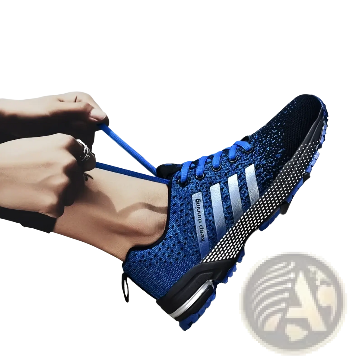 Blue Covadis men breathable mesh running shoe with silver stripes and matching laces for athletic use