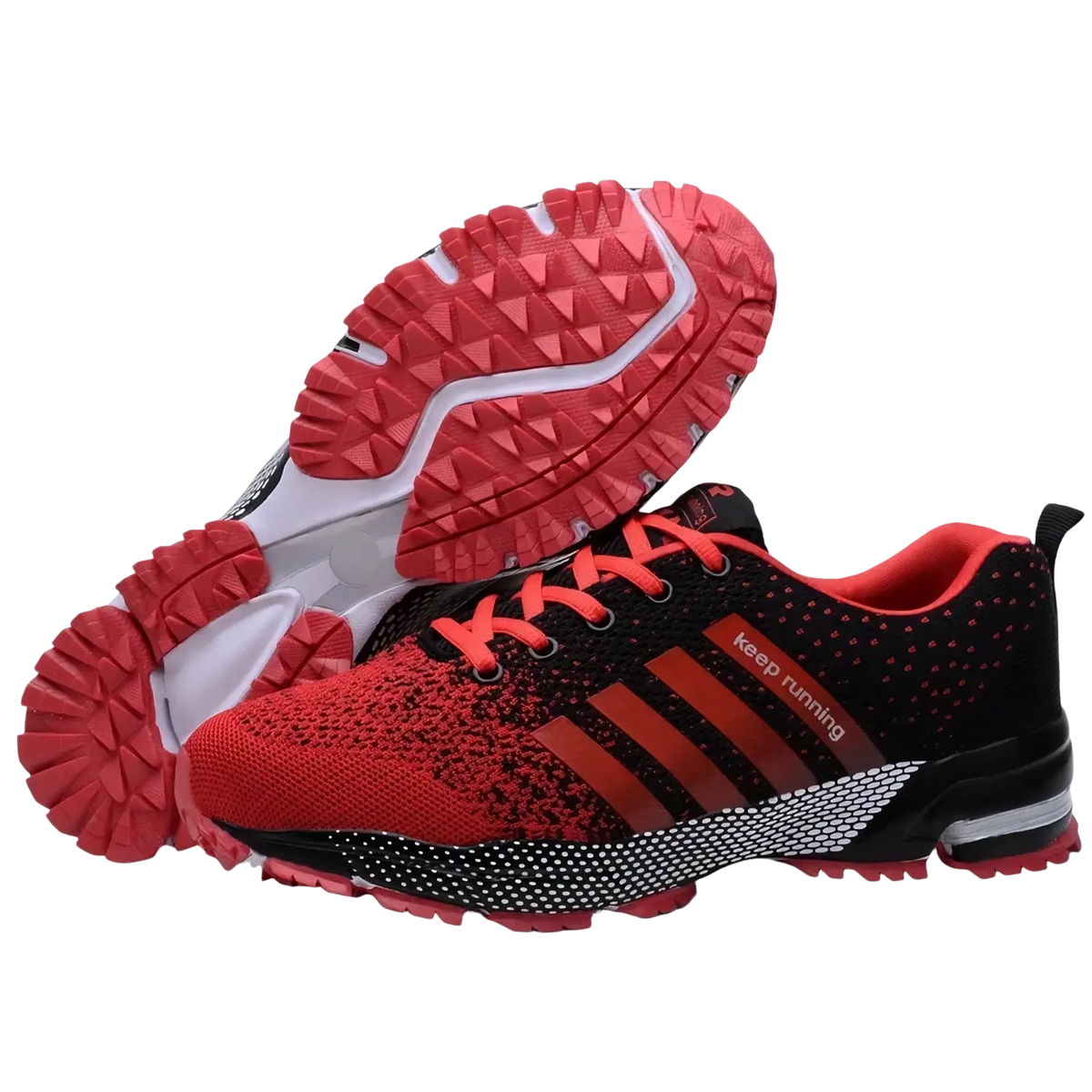 Covadis men breathable mesh running shoes in red and black with three bold red stripes and textured rubber sole