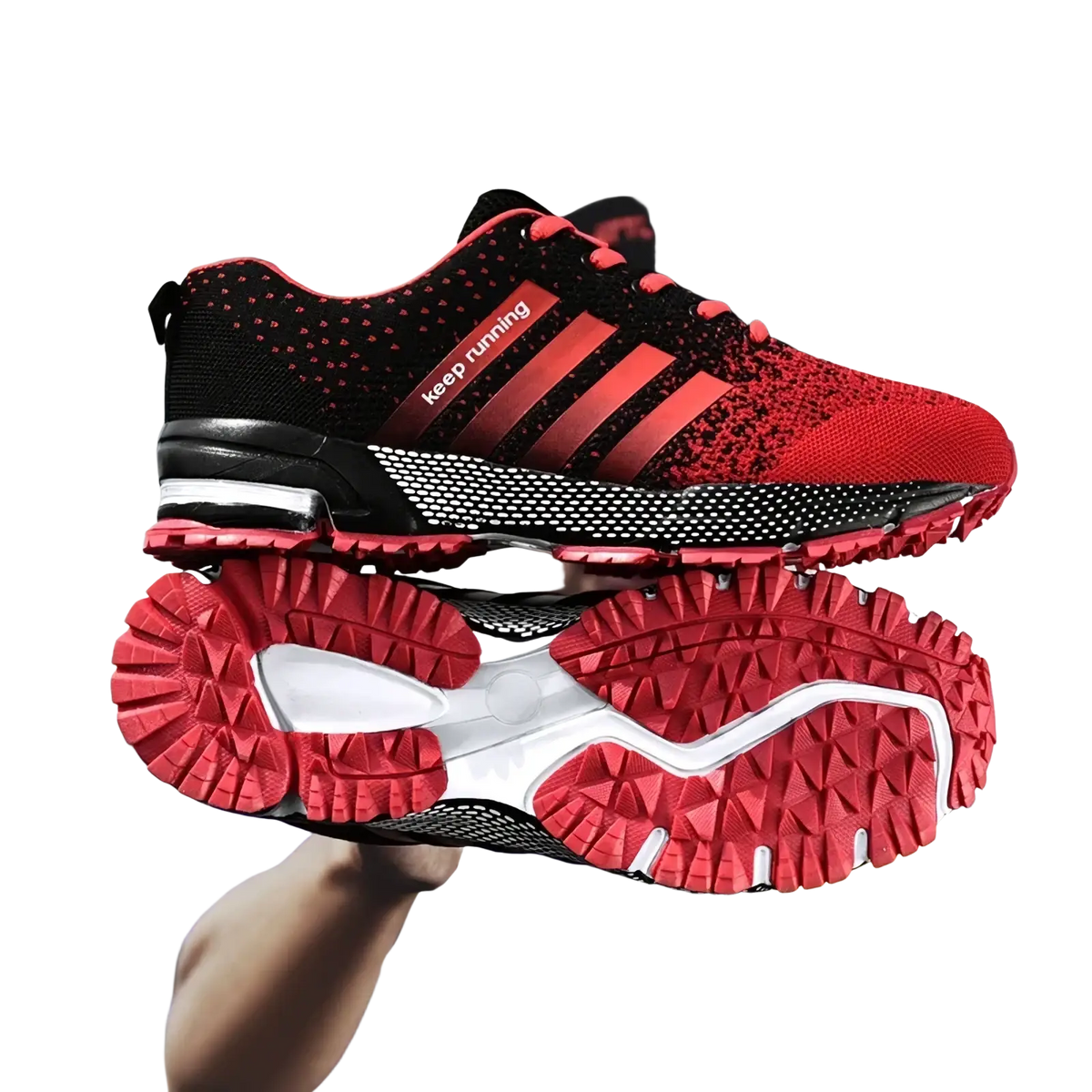 Red and black Covadis men breathable mesh running shoe with three stripes mesh upper and textured rubber sole