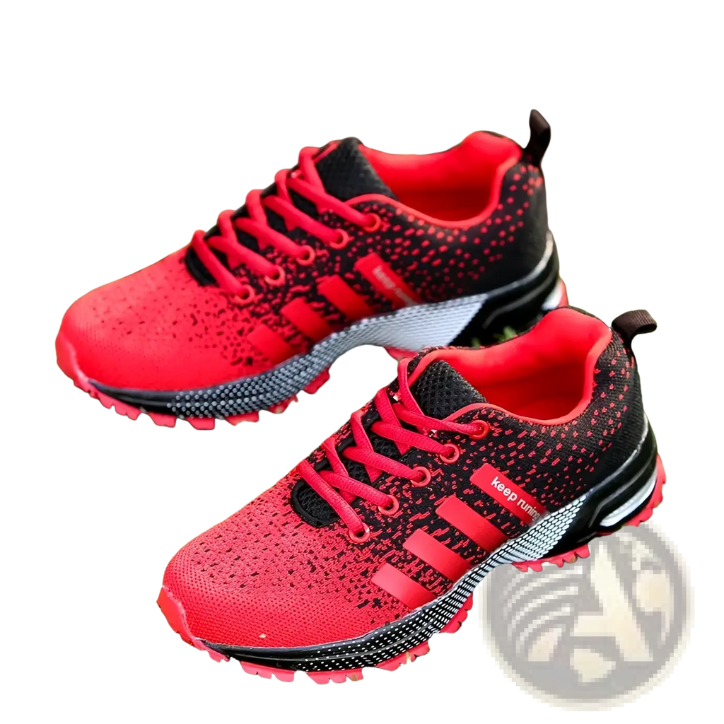 Covadis men breathable mesh running shoes in red and black with mesh upper bold red laces and textured rubber sole