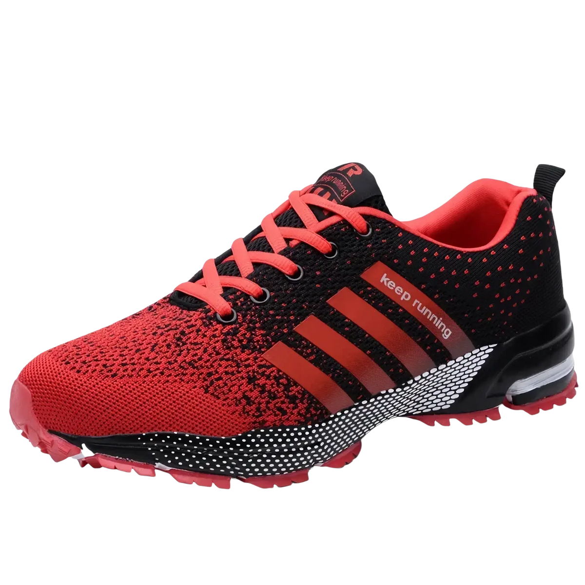Covadis men breathable mesh running shoe in red and black knit with three red stripes and keep running slogan on the side