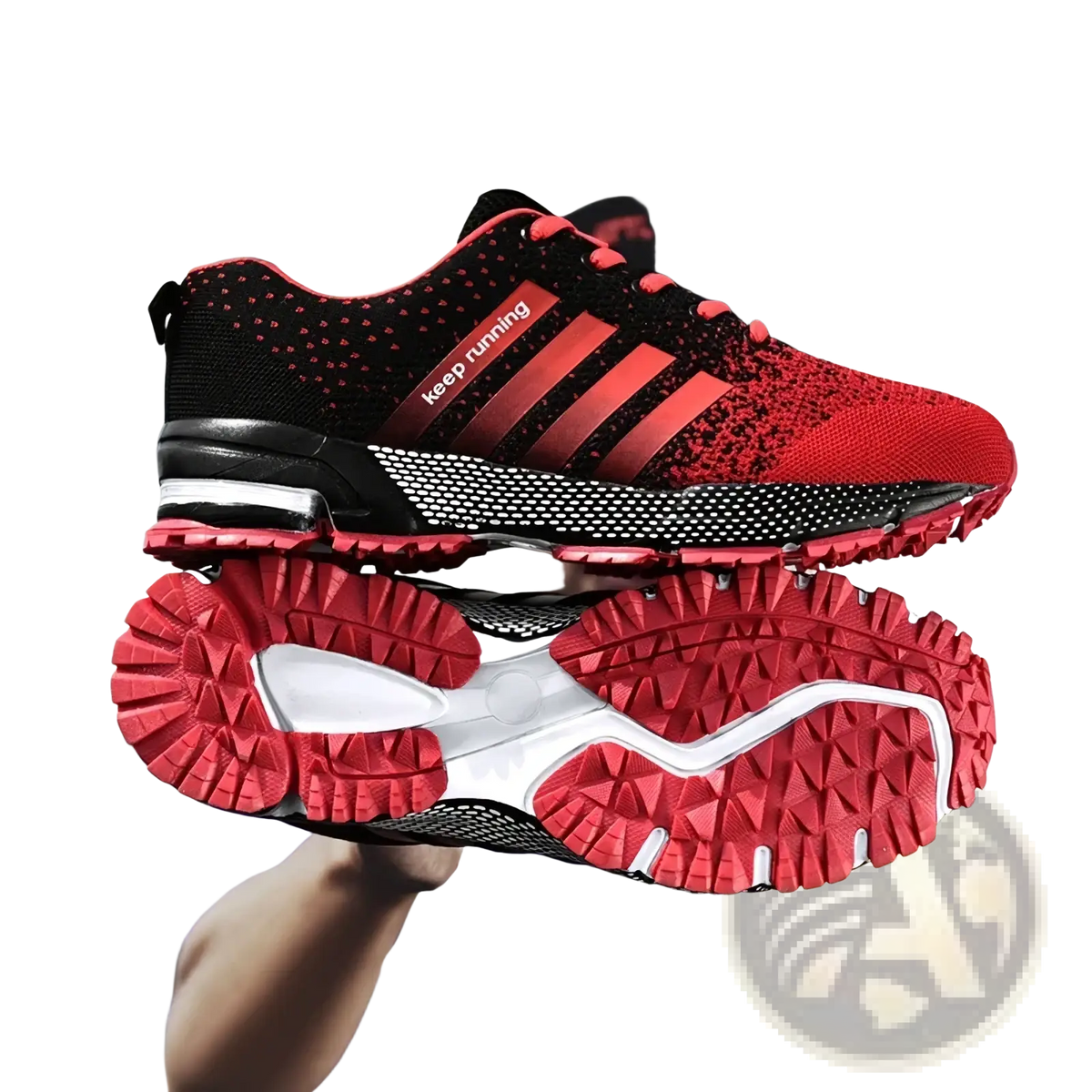 Red and black Covadis men breathable mesh running shoe with three stripes mesh upper and textured rubber sole