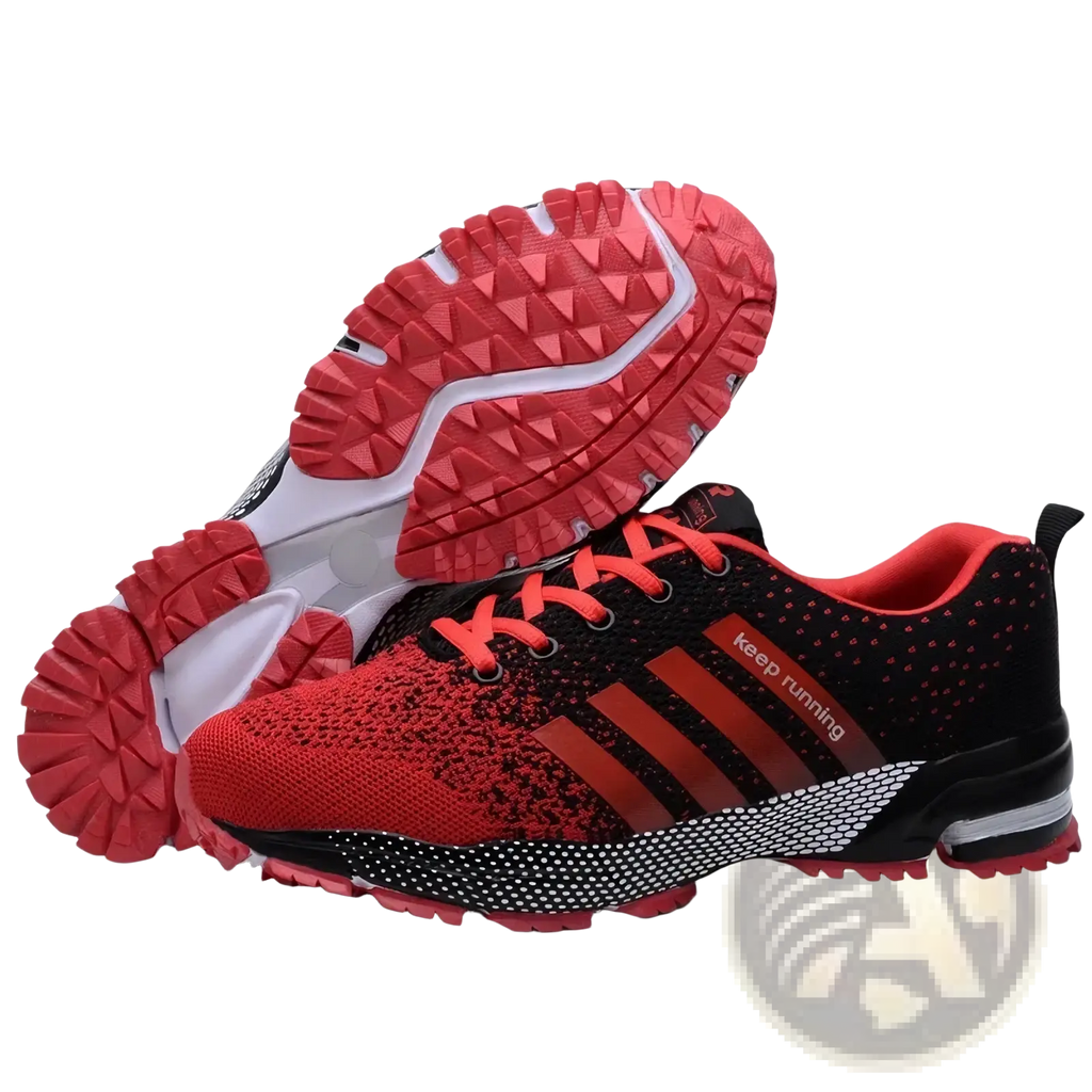 Covadis men breathable mesh running shoes in red and black with three bold red stripes and textured rubber sole