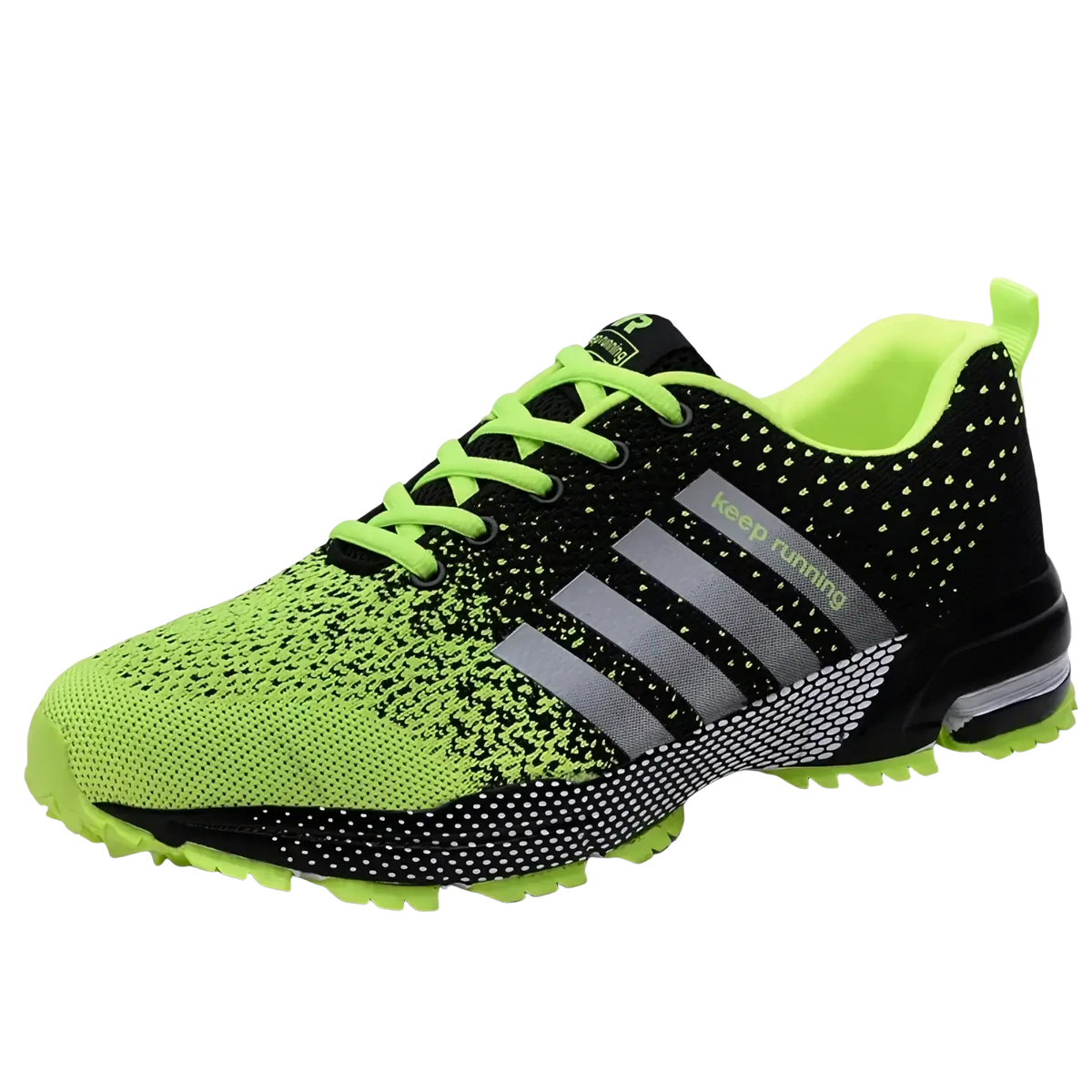 Covadis men breathable mesh running shoes in vibrant neon green and black knit with silver stripes and cushioned sole