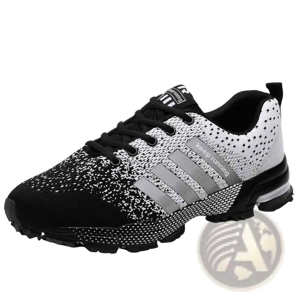 Covadis men breathable mesh running shoe in black and white speckled knit with gray stripes and keep running text