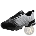 Covadis men breathable mesh running shoe in black and white speckled knit with gray stripes and keep running text