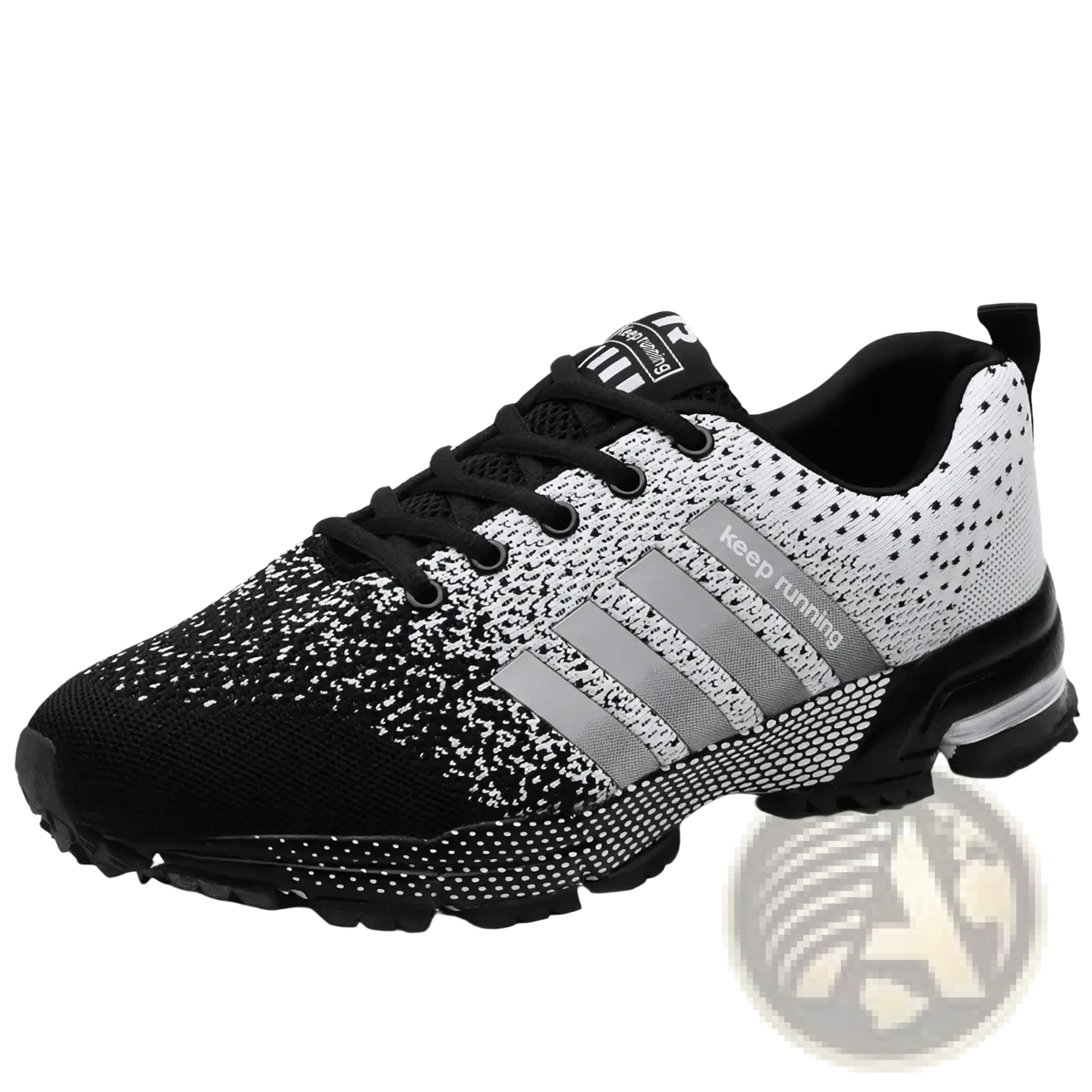 Covadis men breathable mesh running shoe in black and white speckled knit with gray stripes and keep running text