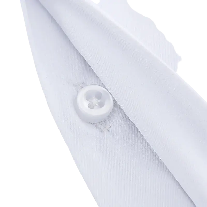 A crisp white covered button with subtle sheen on an asian size covered button french cuff dress shirt for men