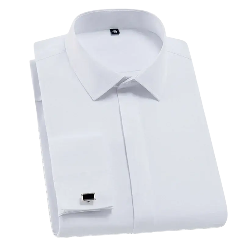 A crisp white covered button french cuff dress shirt for men with classic collar and silver cufflink asian size chart available