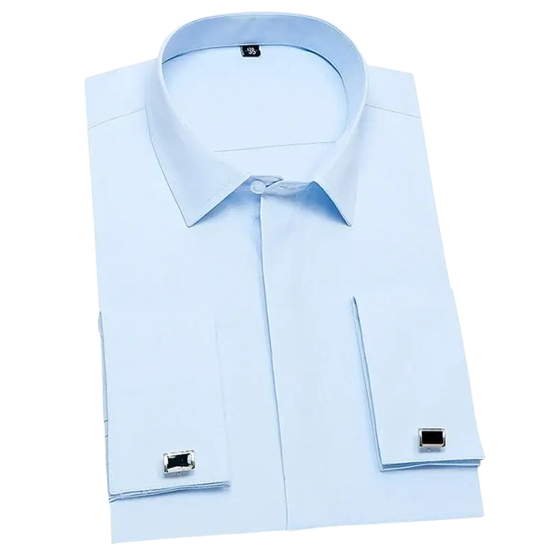 Light blue covered button french cuff dress shirt for men with tailored fit and silver black inlay cufflinks asian size chart available
