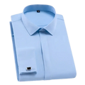 Light blue covered button dress shirt for men with crisp collar and french cuffs in asian size and subtle texture