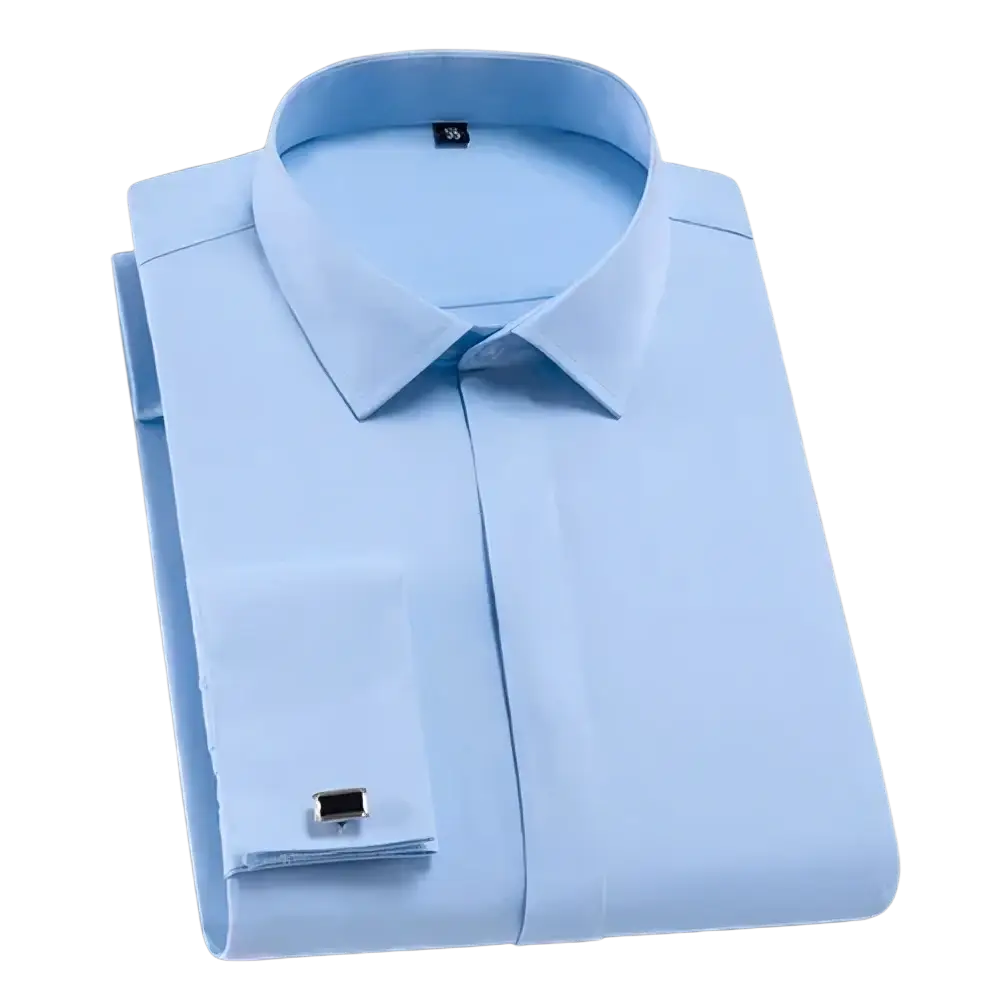 Light blue covered button dress shirt for men with crisp collar and french cuffs in asian size and subtle texture