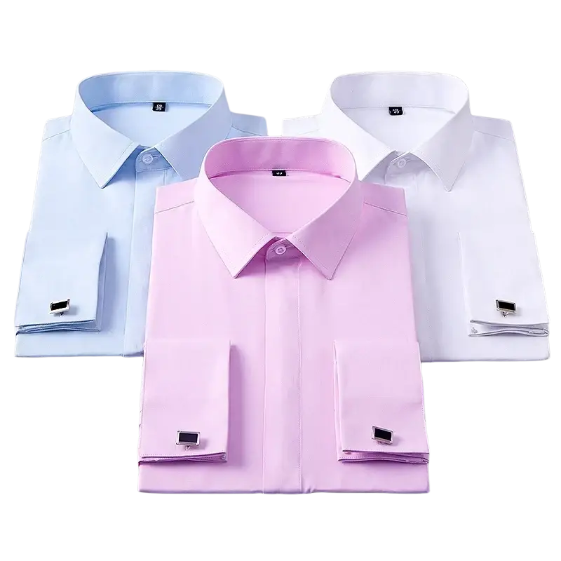 A neatly folded pink asian size dress shirt with covered button french cuffs and black cufflinks for men