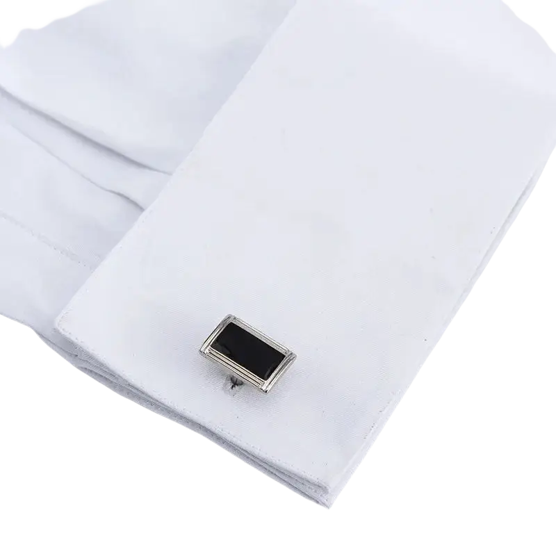 Silver rectangular cufflink with black onyx center paired with covered button asian size dress shirt cuffs for men