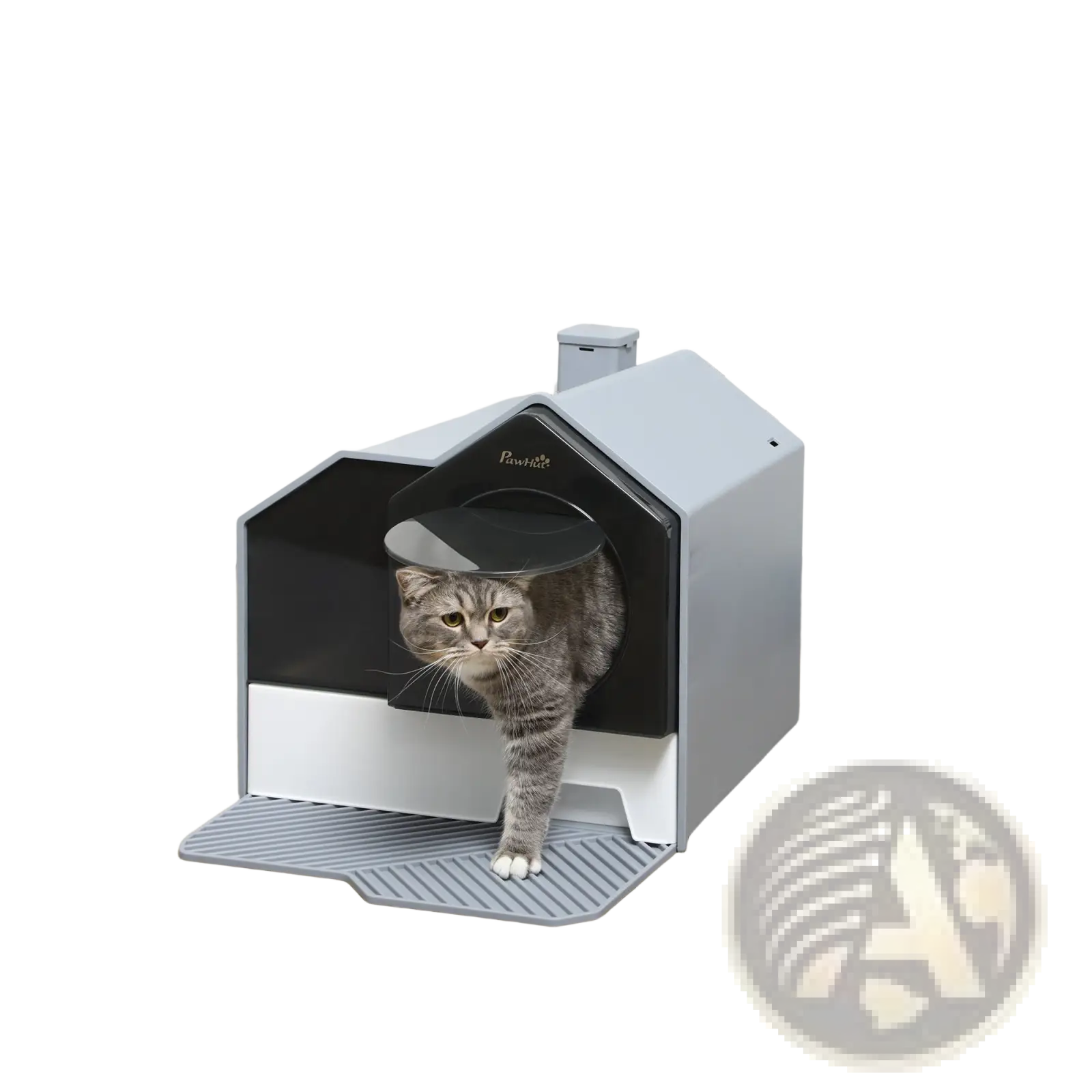 Gray and black house-shaped covered cat litter box with drawer and mat featuring a sleek modern design