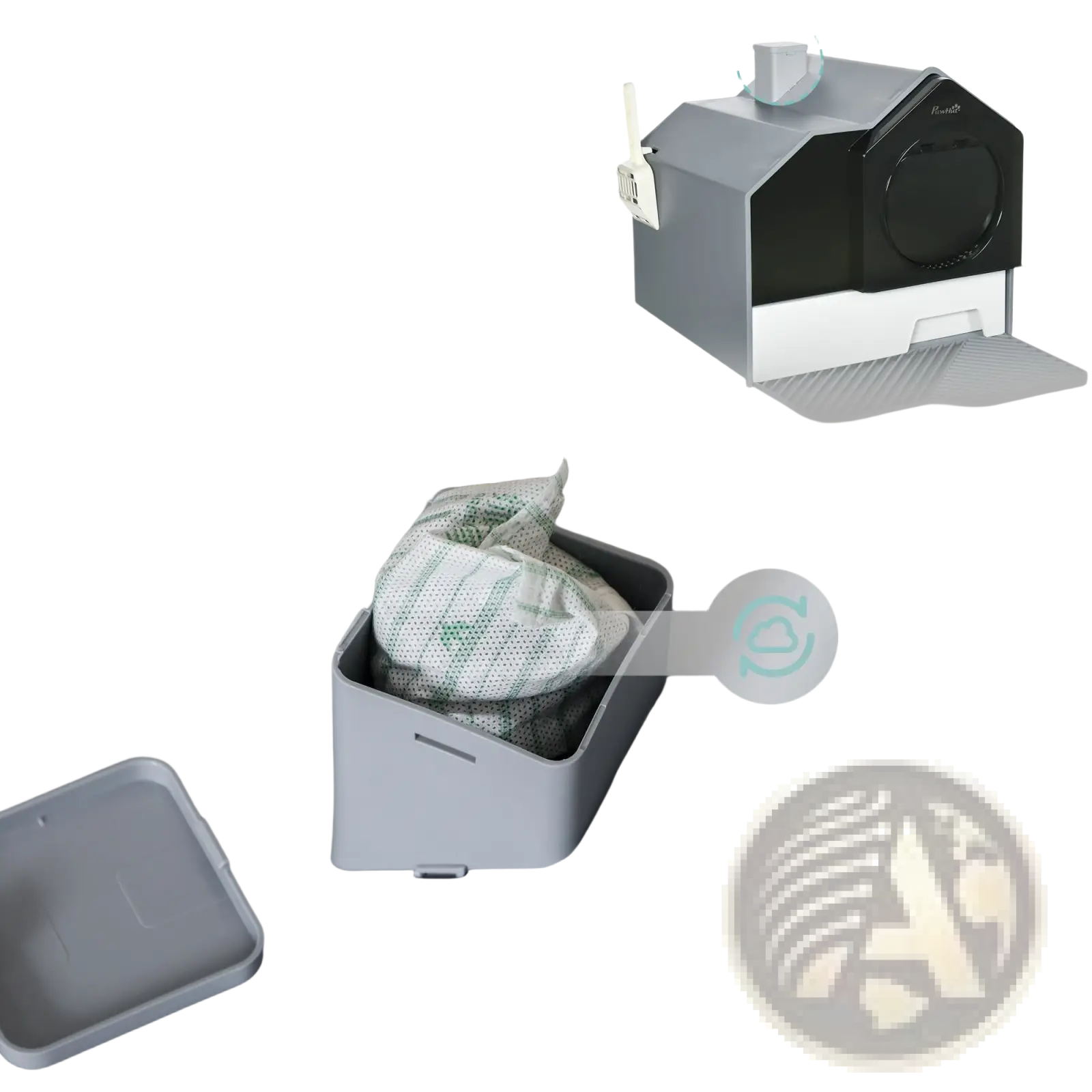 Gray and black hut-shaped deodorant organizer with chimney top designed for use with covered cat litter box with drawer and mat