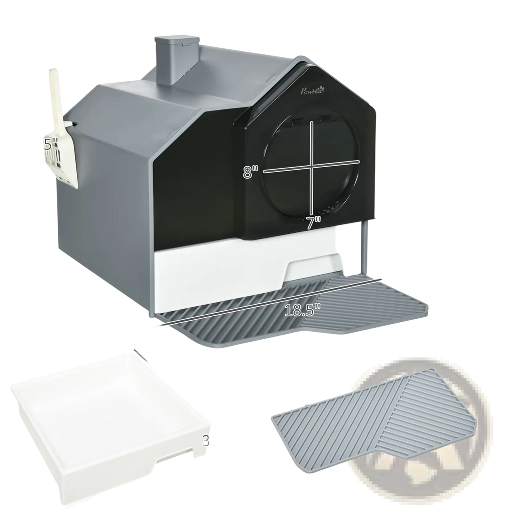 Gray and black plastic covered cat litter box with drawer and mat featuring a house design and white scoop