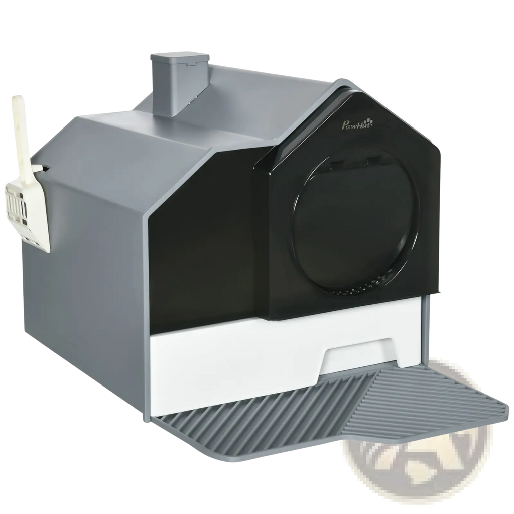 Black and gray pawhut covered cat litter box with drawer mat and white scoop attached for easy cleaning