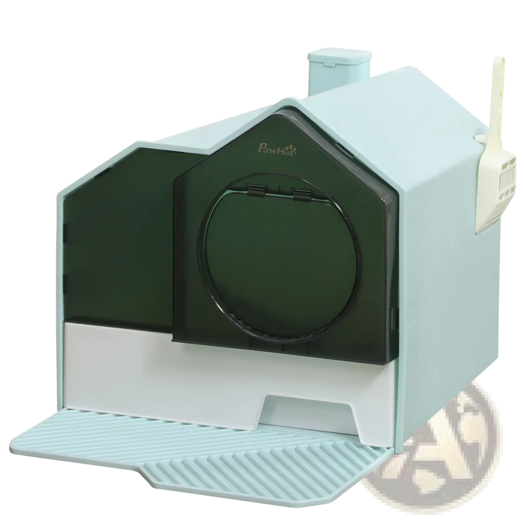 Covered cat litter box with mat and scoop in light blue and white plastic with a dark green front panel by pawhut
