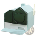 Covered cat litter box with mat and scoop in light blue and white plastic with a dark green front panel by pawhut