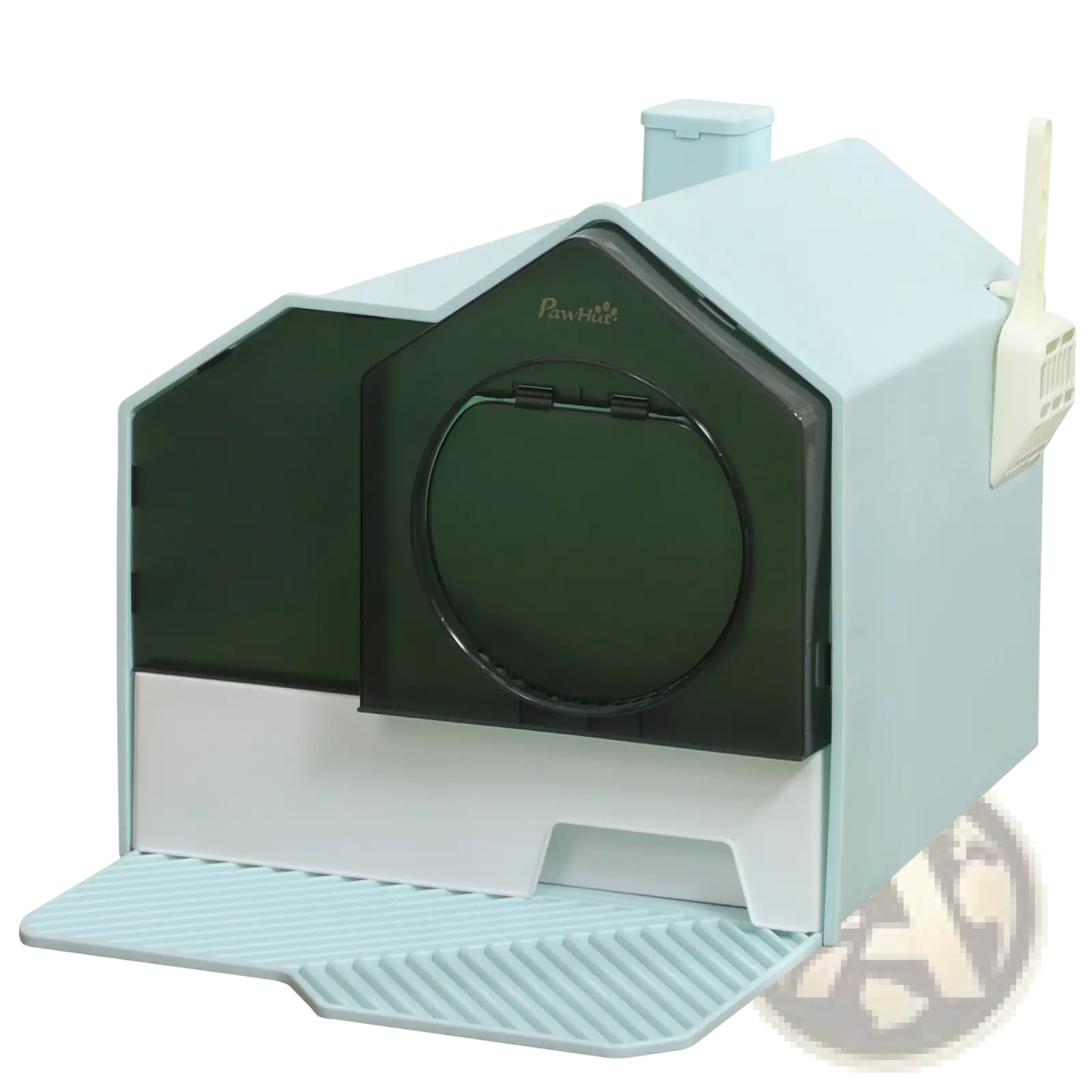 Covered cat litter box with mat and scoop in light blue and white plastic with a dark green front panel by pawhut