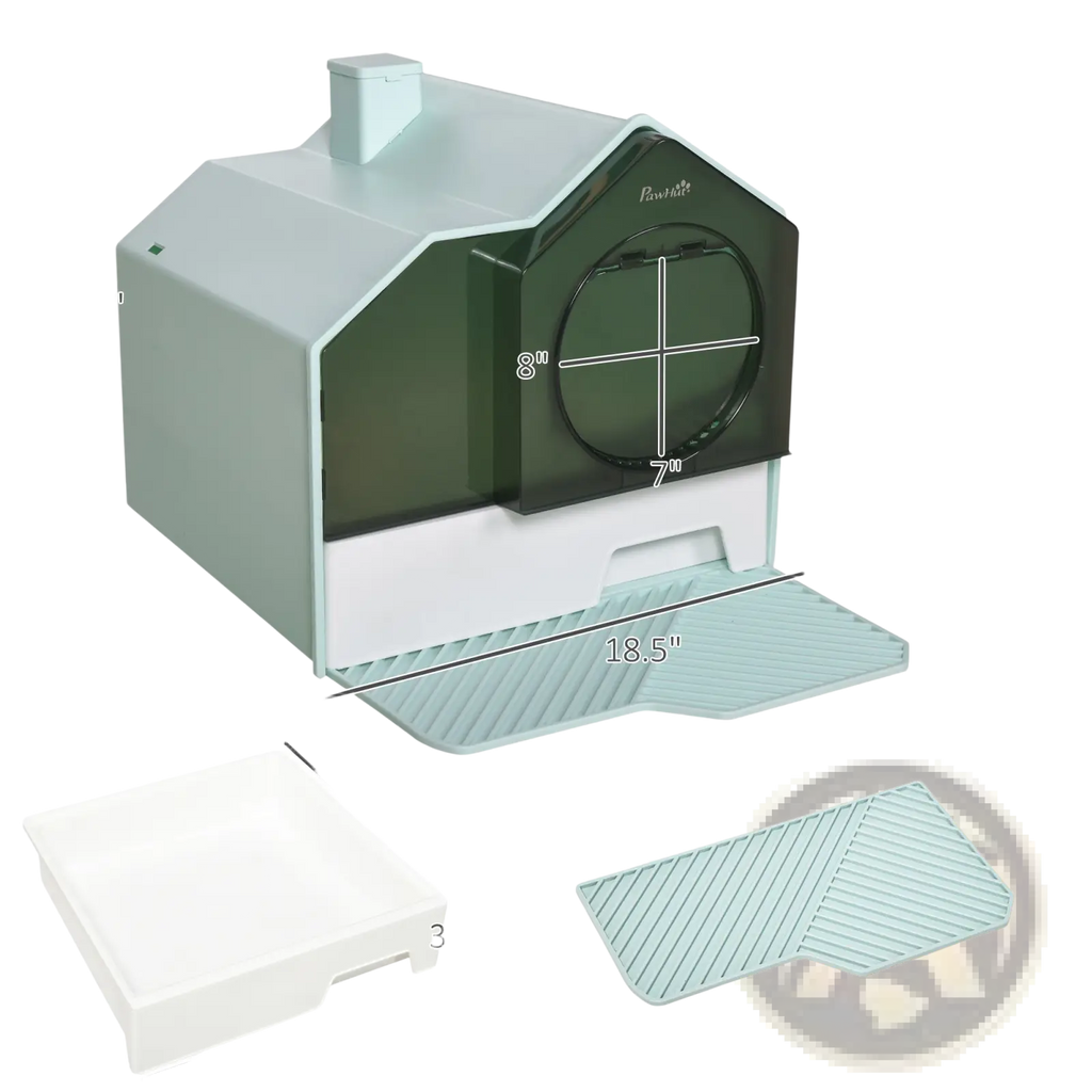 Covered cat litter box with mat and scoop featuring a modern house shape, translucent green front, and gray plastic body