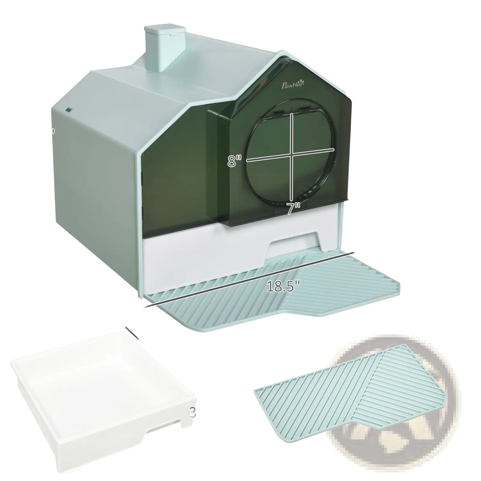 Covered cat litter box with mat and scoop featuring a modern house shape, translucent green front, and gray plastic body