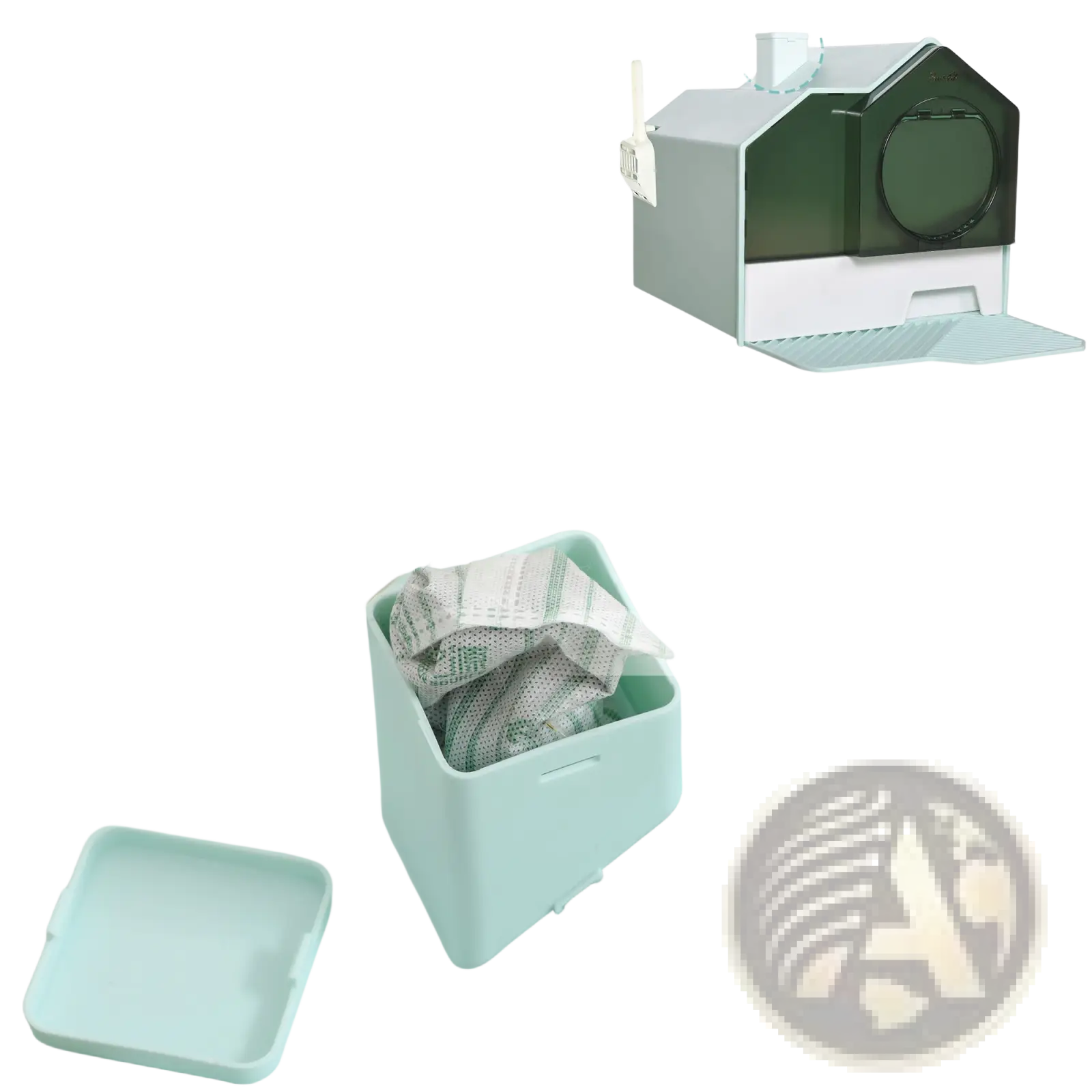 Light blue plastic hut-shaped covered cat litter box with dark green roof chimney opening scoop and mat included
