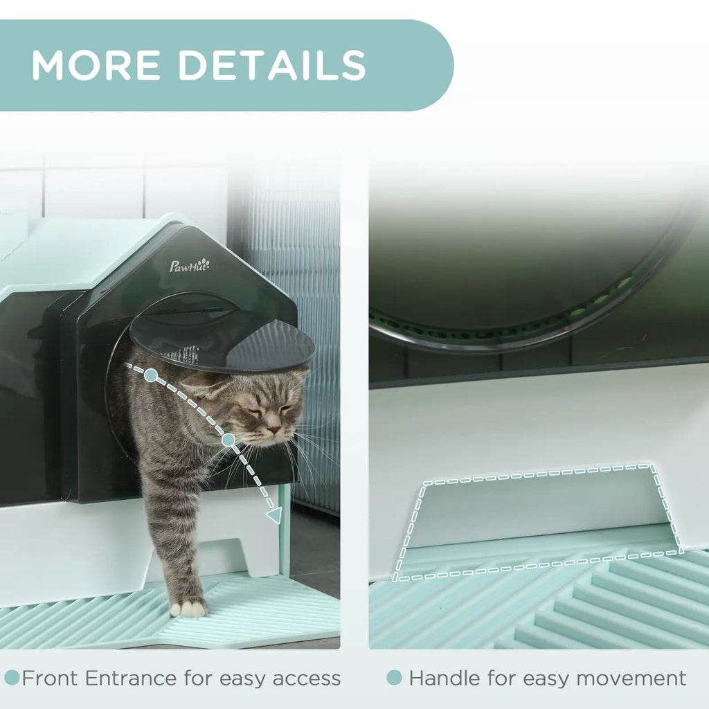 Covered cat litter box with mat and scoop featuring a sleek black and light blue design with a front entrance for easy access